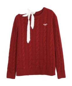 Off-Shoulder Red Sweater for Women - Stylish Korean Style Top for Autumn and Winter 2025 Fashion Trends