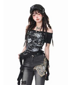 Off-Shoulder Spicy Personality Printed Short-Sleeve T-Shirt for Women, Irregular Flowing Ribbon, Versatile American Style Top