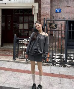 Off-Shoulder Sweatshirt and Deep Gray Half-Skirt Casual Outfit - Trendy American Style with Long Pants for Effortless Chic Look