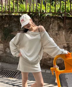 Off-Shoulder Sweatshirt and Deep Gray Half-Skirt Casual Outfit - Trendy American Style with Long Pants for Effortless Chic Look