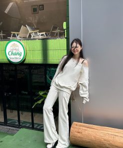 Off-Shoulder Sweatshirt and Deep Gray Half-Skirt Casual Outfit - Trendy American Style with Long Pants for Effortless Chic Look