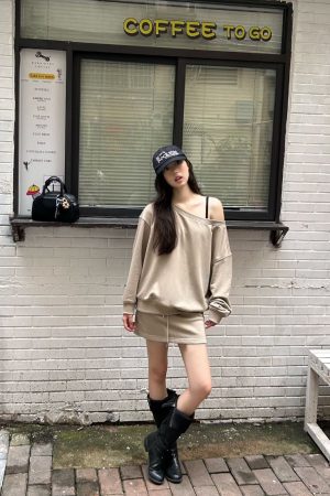 Off-Shoulder Sweatshirt and Deep Gray Half-Skirt Casual Outfit - Trendy American Style with Long Pants for Effortless Chic Look