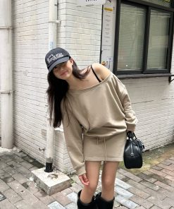 Off-Shoulder Sweatshirt and Deep Gray Half-Skirt Casual Outfit - Trendy American Style with Long Pants for Effortless Chic Look