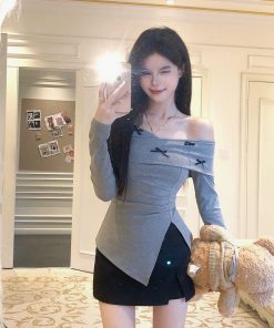 Off-Shoulder Sweet and Spicy Top & Short Skirt Set for Women, Bow Tie, Slim Fit, Long Sleeves, Spring Fashion