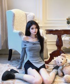 Off-Shoulder Sweet and Spicy Top & Short Skirt Set for Women, Bow Tie, Slim Fit, Long Sleeves, Spring Fashion