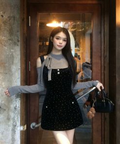 Off-Shoulder Velvet Polka Dot Camisole Dress Set - French Vintage Women's High-End Short Skirt for Spring Fashion