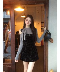 Off-Shoulder Velvet Polka Dot Camisole Dress Set - French Vintage Women's High-End Short Skirt for Spring Fashion