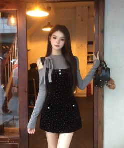 Off-Shoulder Velvet Polka Dot Camisole Dress Set - French Vintage Women's High-End Short Skirt for Spring Fashion