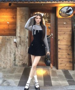 Off-Shoulder Velvet Polka Dot Camisole Dress Set - French Vintage Women's High-End Short Skirt for Spring Fashion