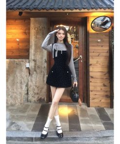 Off-Shoulder Velvet Polka Dot Camisole Dress Set - French Vintage Women's High-End Short Skirt for Spring Fashion