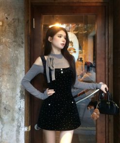 Off-Shoulder Velvet Polka Dot Camisole Dress Set - French Vintage Women's High-End Short Skirt for Spring Fashion