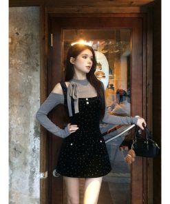 Off-Shoulder Velvet Polka Dot Camisole Dress Set - French Vintage Women's High-End Short Skirt for Spring Fashion