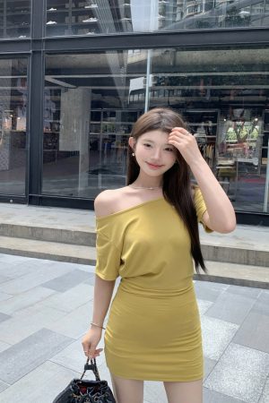 Off-Shoulder Waist-Cinching Dress & Lightweight Slim T-Shirt - Summer Korean Style Fashion Must-Haves