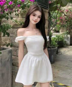 Off-Shoulder White Dress for Women - French Style Fitted Vacation Dress with Cinched Waist and Slimming Short Skirt for Summer