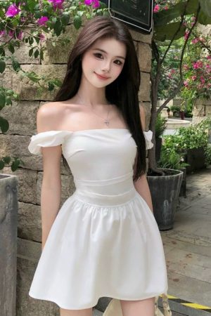 Off-Shoulder White Dress for Women - French Style Fitted Vacation Dress with Cinched Waist and Slimming Short Skirt for Summer