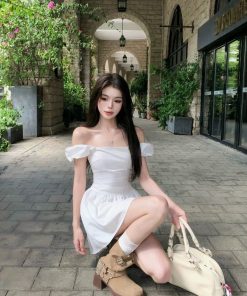 Off-Shoulder White Dress for Women - French Style Fitted Vacation Dress with Cinched Waist and Slimming Short Skirt for Summer