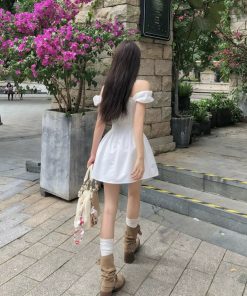 Off-Shoulder White Dress for Women - French Style Fitted Vacation Dress with Cinched Waist and Slimming Short Skirt for Summer