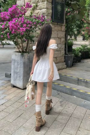 Off-Shoulder White Dress for Women - French Style Fitted Vacation Dress with Cinched Waist and Slimming Short Skirt for Summer