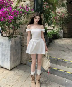 Off-Shoulder White Dress for Women - French Style Fitted Vacation Dress with Cinched Waist and Slimming Short Skirt for Summer