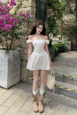 Off-Shoulder White Dress for Women - French Style Fitted Vacation Dress with Cinched Waist and Slimming Short Skirt for Summer