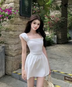 Off-Shoulder White Dress for Women - French Style Fitted Vacation Dress with Cinched Waist and Slimming Short Skirt for Summer