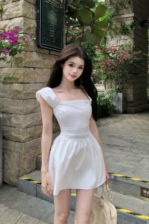 Off-Shoulder White Dress for Women - French Style Fitted Vacation Dress with Cinched Waist and Slimming Short Skirt for Summer