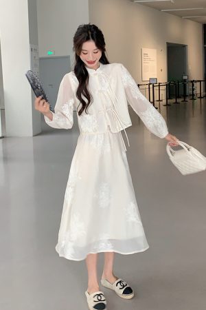 Off-White Buttoned Cold-Style Two-Piece Dress Set - Trendy Exquisite Outfit for 2025 Y2K Vibes and Modern Fashion Lovers