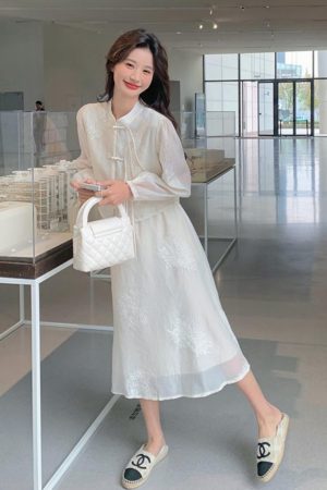Off-White Buttoned Cold-Style Two-Piece Dress Set - Trendy Exquisite Outfit for 2025 Y2K Vibes and Modern Fashion Lovers