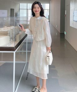 Off-White Buttoned Cold-Style Two-Piece Dress Set - Trendy Exquisite Outfit for 2025 Y2K Vibes and Modern Fashion Lovers