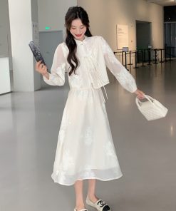 Off-White Buttoned Cold-Style Two-Piece Dress Set - Trendy Exquisite Outfit for 2025 Y2K Vibes and Modern Fashion Lovers