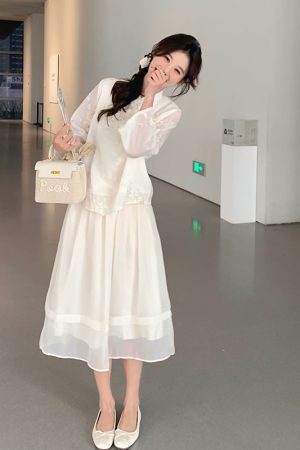 Off-White Buttoned Dress Two-Piece Set - Trendy Cold-Style Outfit for 2025, Unique Exquisite Design, Perfect for Y2K Fashion Lovers