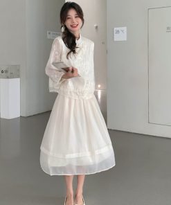 Off-White Buttoned Dress Two-Piece Set - Trendy Cold-Style Outfit for 2025, Unique Exquisite Design, Perfect for Y2K Fashion Lovers