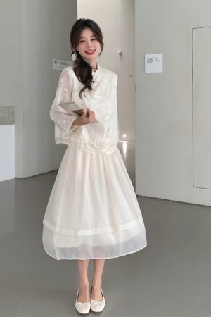 Off-White Buttoned Dress Two-Piece Set - Trendy Cold-Style Outfit for 2025, Unique Exquisite Design, Perfect for Y2K Fashion Lovers