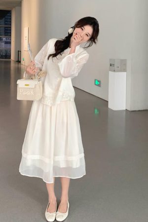 Off-White Buttoned Dress Two-Piece Set - Trendy Cold-Style Outfit for 2025, Unique Exquisite Design, Perfect for Y2K Fashion Lovers