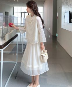 Off-White Buttoned Dress Two-Piece Set - Trendy Cold-Style Outfit for 2025, Unique Exquisite Design, Perfect for Y2K Fashion Lovers