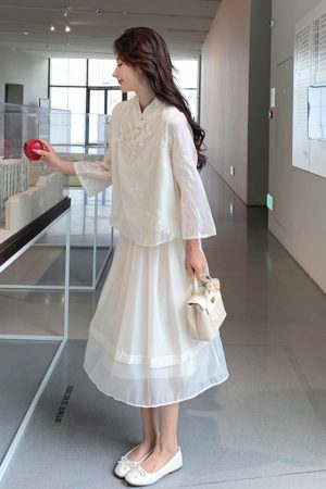 Off-White Buttoned Dress Two-Piece Set - Trendy Cold-Style Outfit for 2025, Unique Exquisite Design, Perfect for Y2K Fashion Lovers
