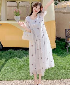 Off-White Embroidered Tea-Length Dress for Women, 2025 Summer French Sweet Style, Loose Fit, Slimming Design