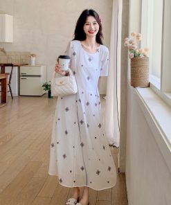 Off-White Embroidered Tea-Length Dress for Women, 2025 Summer French Sweet Style, Loose Fit, Slimming Design