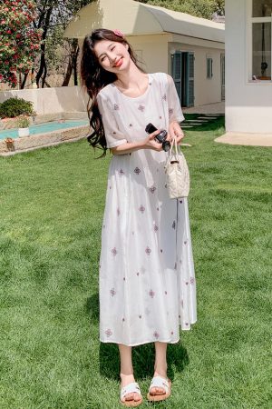 Off-White Embroidered Tea-Length Dress for Women, 2025 Summer French Sweet Style, Loose Fit, Slimming Design