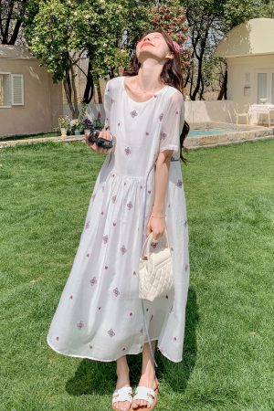 Off-White Embroidered Tea-Length Dress for Women, 2025 Summer French Sweet Style, Loose Fit, Slimming Design