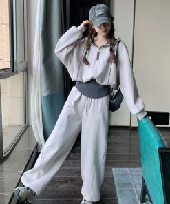 Off-White Hoodie and Wide-Leg Pants Set for Women, Spring 2025, Loose Fit, Slimming Two-Piece Outfit, Casual Chic Style