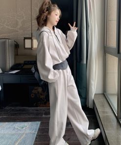 Off-White Hoodie and Wide-Leg Pants Set for Women, Spring 2025, Loose Fit, Slimming Two-Piece Outfit, Casual Chic Style