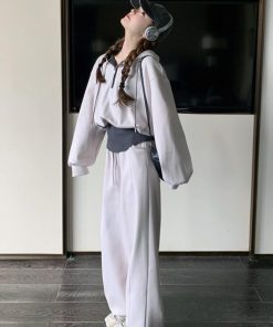 Off-White Hoodie and Wide-Leg Pants Set for Women, Spring 2025, Loose Fit, Slimming Two-Piece Outfit, Casual Chic Style