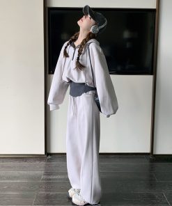 Off-White Hoodie and Wide-Leg Pants Set for Women, Spring 2025, Loose Fit, Slimming Two-Piece Outfit, Casual Chic Style