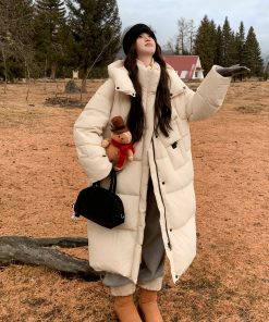 Off-White Long Knee-Length Down Jacket for Women, 2025 Winter Korean Style Thick Duck Down Puffer Coat, Super Stylish Outerwear