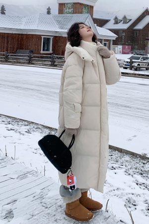Off-White Long Knee-Length Down Jacket for Women, 2025 Winter Korean Style Thick Duck Down Puffer Coat, Super Stylish Outerwear