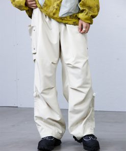 Off-White Pleated Loose Fit Cargo Pants for Women - Stylish Streetwear, Trendy Casual Fashion, Y2K Aesthetic