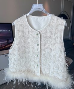 Off-White Spliced Vest Jacket for Women - Elegant Sleeveless Design, 2025 Early Spring Style, Trendy Layering Piece