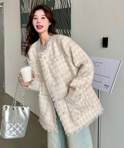 Off-White Tassel Wind Coat for Women - French-Style Spring Autumn Jacket, Elegant Lightweight Outerwear for 2025 Fashion Trends