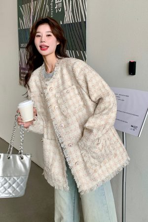 Off-White Tassel Wind Coat for Women - French-Style Spring Autumn Jacket, Elegant Lightweight Outerwear for 2025 Fashion Trends